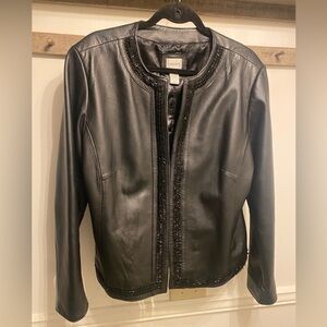 CHICO’S Stunning🤩Black Leather Jacket Embellished w/Beads Tailored Sz XL As New